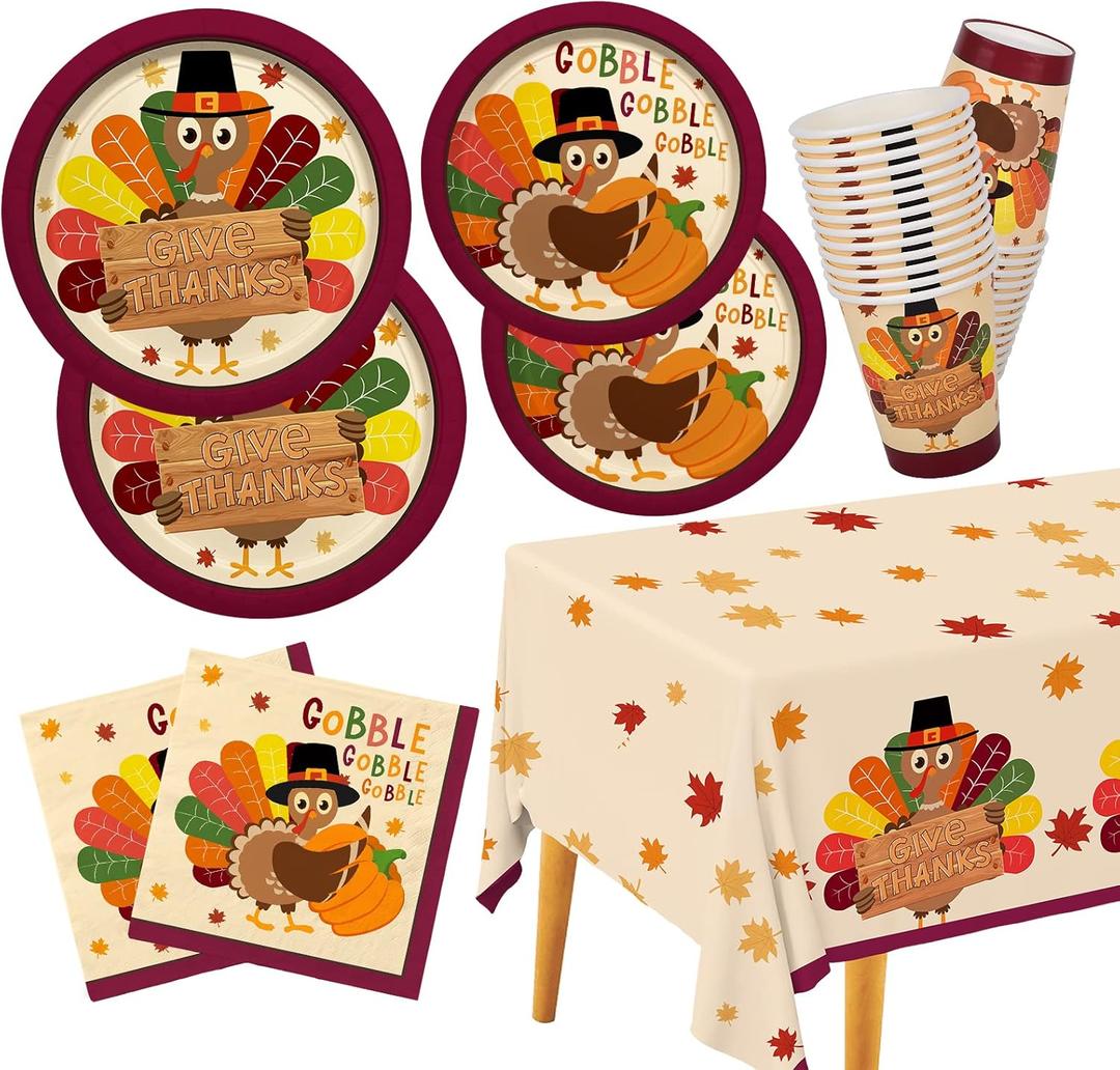 Gatherfun Turkey Thanksgiving Party Supplies Kit, Autumn Disposable Dinnerware Includes, Paper Dinner Plates, Dessert Plates, Napkins, Cups, and Tablecloth, for Fall party Decorations, Serve 25
