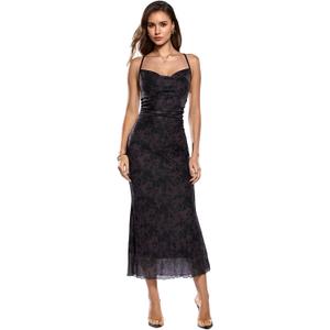 SOLY HUX Women's Floral Mesh Bodycon Cami Dress Cowl Neck Sleeveless Cocktail Party Wedding Guest Long Maxi Dresses, L