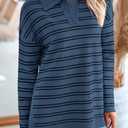 MASCOMODA Womens Sweaters Fall 2025 Oversized Striped Sweater Long Sleeve Polo V Neck Loose Side Slit Knitted Tunic Tops (Blue, XL)