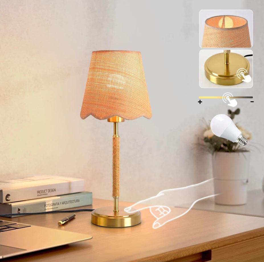 Boho Table Lamp for Bedroom, Touch Control Bedside Table Lamp with Brass Gold Base, Rattan Small Table Lamp for Small Space, Boho Lamp Rattan Lamp, Rustic Desk Lamp for Kitchen Counter, Nightstand