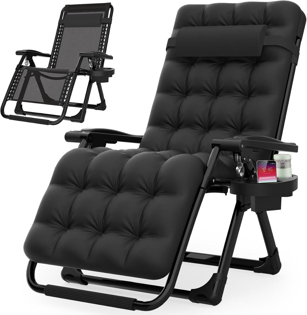 Suteck Zero Gravity Chair, Reclining Camping Lounge Chair w/Removable Cushion, Upgraded Lock and Cup Holder, Reclining Patio Chairs Folding Recliner for Indoor and Outdoor, 26 inch, Black 
