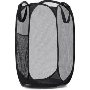 Handy Laundry Collapsible Mesh Pop Up Hamper with Wide Opening and Side Pocket - Breathable, Sturdy, Foldable, and Space-Saving Design for Clothes and Storage (Black)