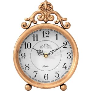 Vintage Gold Table Clock, Desk and Shelf Mantel Clock, French Rustic Antique Style Decor Clocks, for Farmhouse, Bedroom, Living Room, Bedside, Gift (9" H x 6.3" W)