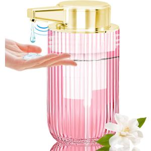 10 oz Automatic Touchless Glass Soap Dispenser, Rechargeable Hands Free Ribbed Liquid Soap Dispenser with Electric Sensor Pump, Refillable Soap Bottle for Bathroom Kitchen Dish Countertop (Pink)