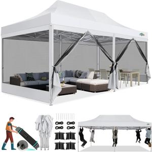 COBIZI 10x20 Canopy Tent, Heavy Duty Pop up Canopy with Sidewalls, Waterproof Easy Setup Tent with Mosquito Netting, Outdoor Instant Screen Tents for Parties, Wedding with Roller Bag, White