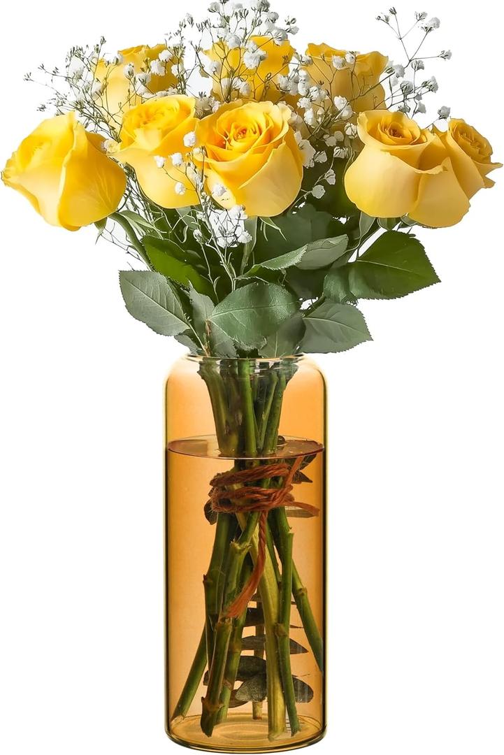 ComSaf Glass Flower Vase, 8 Inch Tall Bud Vases, Home Decor Vases for Centerpiece for Living Room and Bedroom, Decorative Vases for Wedding, Valentines' Day, Mother's Day (Amber)