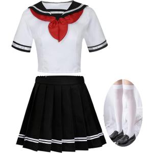 Anime Yandere Simulator Ayano Aishi Yandere Chan Cosplay Costume Japanese School Girls Uniform Sailor Pleated Skirt (Black and White, XX-Large)