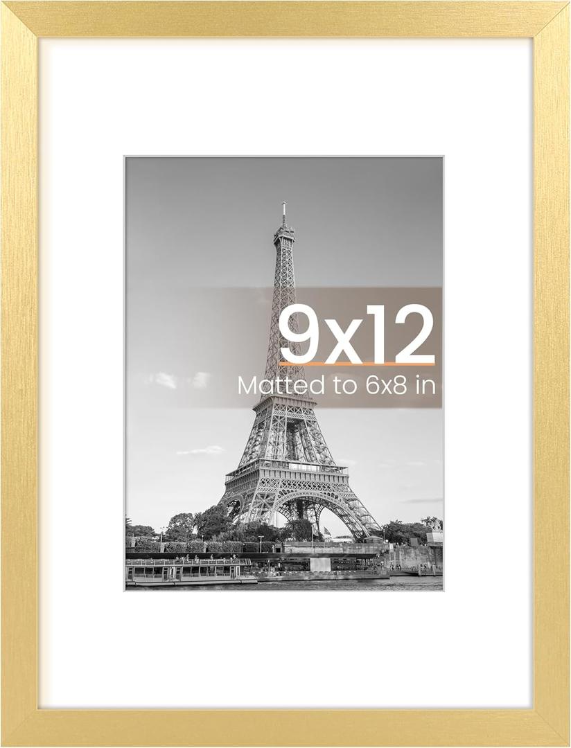 upsimples 9x12 Picture Frame, Display Pictures 6x8 with Mat or 9 x 12 Without, Wall Hanging Photo Frames, Gold, 1 Pack