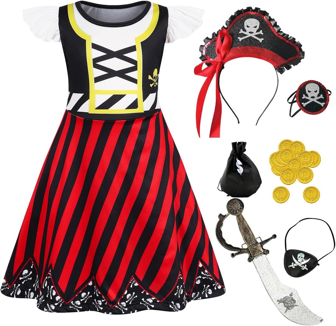 Eledobby Girls Pirate Costume Kids Halloween Dress Up Toddler Pirate Outfits Christmas Birthday Gift (2-3T, Red 3602)