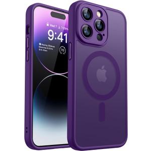 CANSHN Magnetic Compatible with iPhone 14 Pro Case, Upgraded [Full Camera Protection] [Compatible with Magsafe] [Translucent Matte] Shockproof Protective Phone Case Cover 6.1 Inch - Deep Purple
