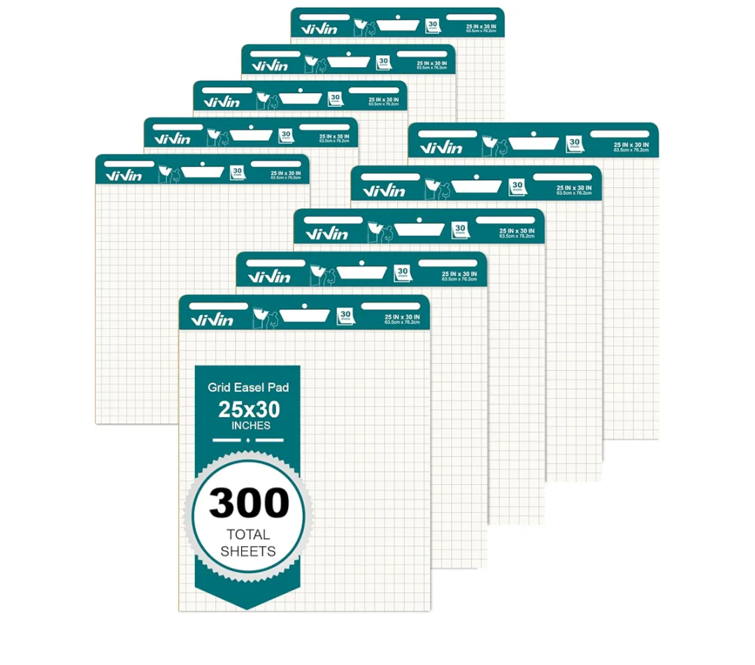 ViVin Grid Sticky Easel Pad, 25 x 30 Inches Flip Chart Paper for Teachers and Students, Large Self Stick Easel Paper for School & Office, 30 Sheets/Pad, 10 Pads/Pack