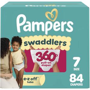 Pampers Diapers - Swaddlers 360° - Size 7, 84 Count, up to 100% Leakproof Comfy Dry Fit, Designed for Easy Changes, Pull On Baby Diaper