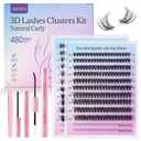 AKOIIN D-Curl Lash Clusters Kit, 480pcs Cluster Eyelash Extensions with Bottom Lashes, 3D Wispy Natural Eyelashes, (30D 40D 80D Mixed, 10-18mm), Includes Bond, Seal, Remover & Tweezer for Beginners