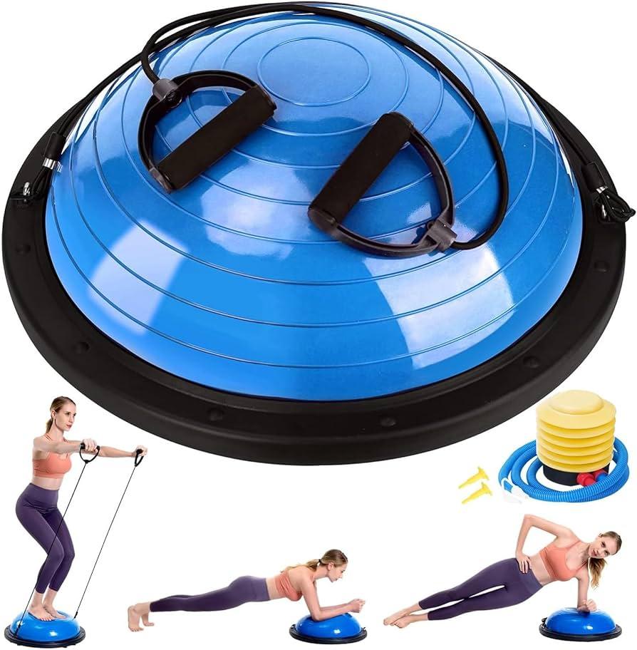 Balance Ball Half Exercise Ball, Inflatable Balance Trainer With Resistance Band And Pump, Half Ball Balance Trainer 23 Inch Yoga Ball For Home Gym Workouts, Strength Training, 1200Lb Cap,