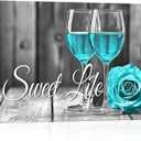 Artsbay Kitchen Wall Art Blue and Black Wall Decor Wine and Rose Canvas Picture Painting Vintage Artwork Sweet Life for Bar Dining Room 16 x 24inches