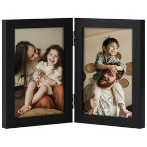 decorUhome Double 4x6 Picture Frame Vertical, Engineered Wood Bifold Photo Frame with Plexiglass for Tabletop Display, 4x6, Black