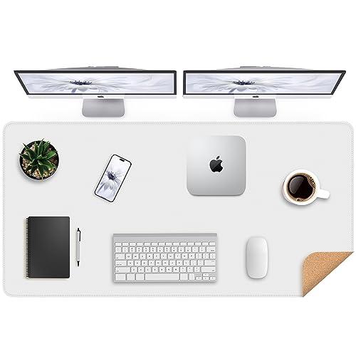 Leather Desk Protector, 47in*23.7in Large Mat with Natural Cork & PU Leather, Mouse Pad, Non-Slip Office Mat, Waterproof Writing Pad for Office and Home (Ivory White)