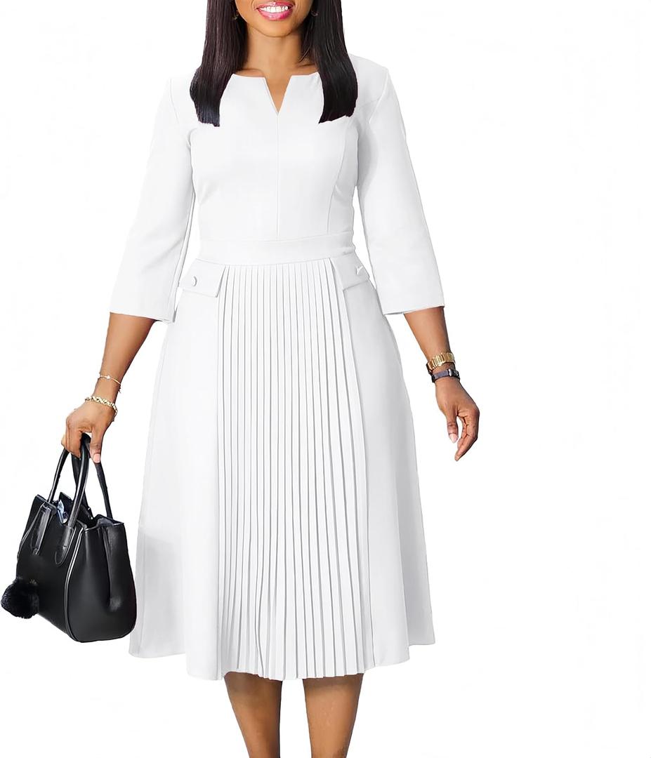 Wear to Work Midi Dress for Women Business Casual A-line Dress Elegance Church Outfits (White)
