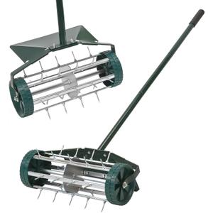 18-Inch Spike Rolling Lawn Aerator for Grass. Heavy Duty Manual Push Aerator Lawn Tool,Soil Health for Garden&Yard Tool(Green with Fender)