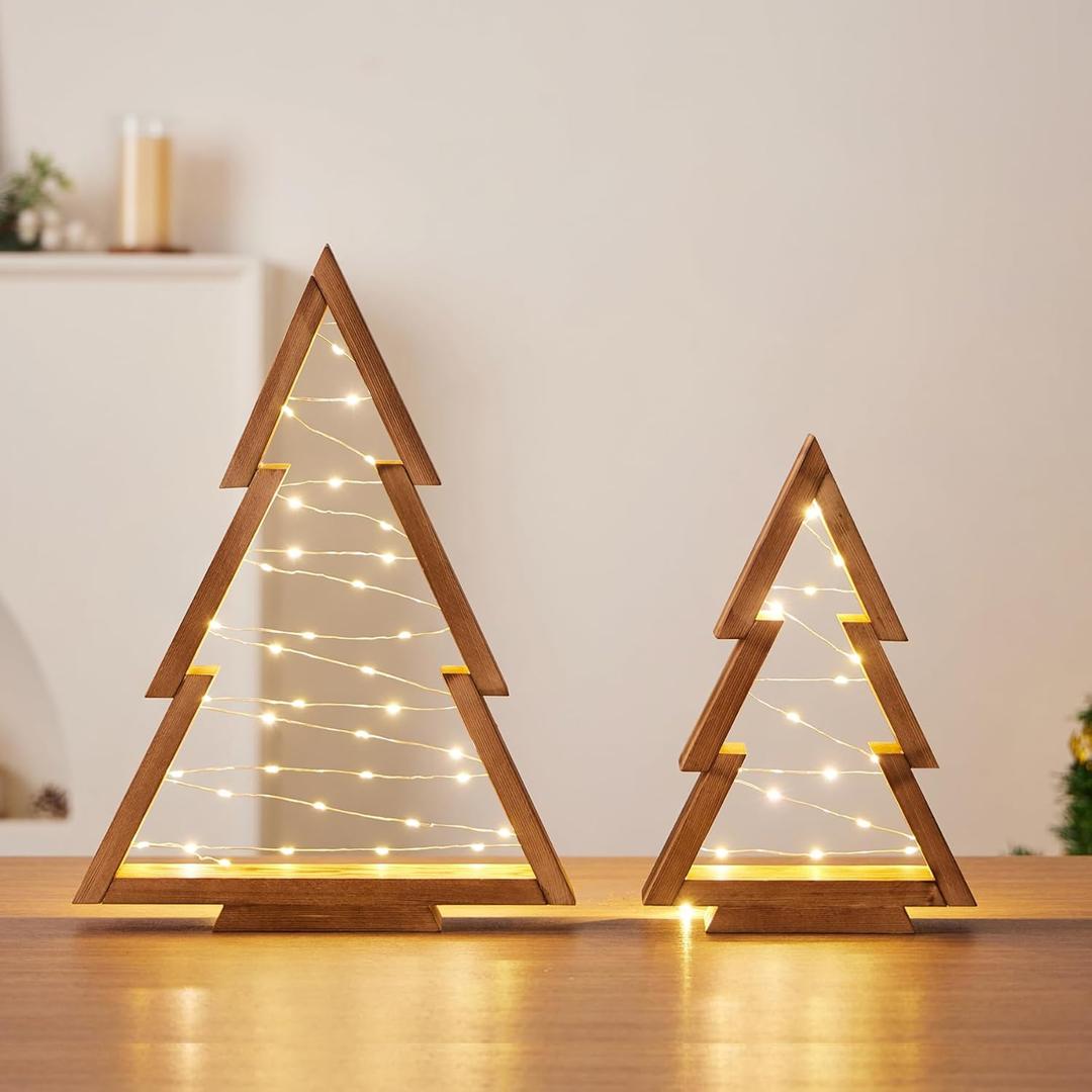 2 Pack Wooden Tabletop Christmas Trees with Lights & Timer, Modern Christmas Decorations Indoor, Farmhouse Christmas Decor Small Tree for Table Top, Mantle, Shelf (Large-14.2 in, Small-10.2 in)