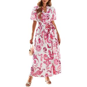 KIRUNDO Women Spring Summer Wedding Guest Boho Floral Maxi Dress Puff Sleeve Button Shirt V Neck Flowy Beach Vacation Dress (White, M)