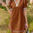 Wenrine Womens Puff Short Sleeve Mini Dress Casual V Neck Color Block Leopard Loose Beach Summer Dresses with Pockets (Brown)