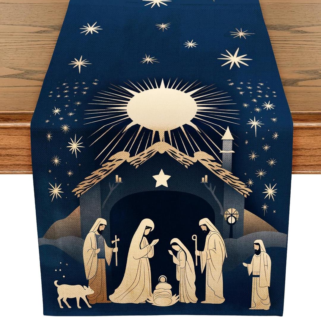 WRAPAHOLIC Christmas Table Runner - 13 x 72 Inch - Seasonal Winter Xmas Holiday Farmhouse Style Kitchen Dining Table Decoration for Indoor Outdoor Home Party - Nativity