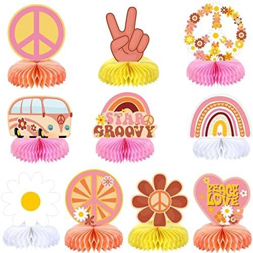 10 Pieces Two Groovy Party Decorations Groovy Retro Hippie Boho Party Honeycomb Centerpieces Table Toppers Double Sided Rainbow Daisy Flower Decorations for Girls Star Groovy Daisy Birthday Baby Shower Party Supplies