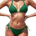 Women's Triangle Bikini Sets Two Piece Double Straps Halter Swimsuit Tie Side String Cheeky Bathing Suits (S, Dark Green)