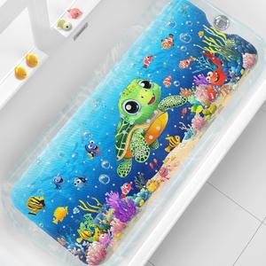 XIYUNTE Baby Bath Mat for Tub Non Slip, 40''x16'' Extra Long Bathtub Mat Non Slip Kids Bath Mat, Safety Kids Bath Tub Mat with Suction Cups and Drain Holes, Machine Washable, Turtle