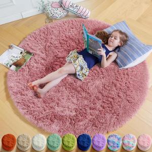 Blush Pink Small Round Rug 3Ft for Kids Bedroom, Fluffy Fuzzy Furry Circle Area Rugs for Girls Room Decor Aesthetic, Shaggy Circular Carpet for Nursery Dorm Baby, Cute Neutral Dusty Rose Mauve Rug