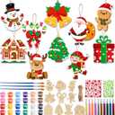 Realspring Christmas Wooden Painting Craft Kit Paint Your Own Xmas Tree Ornaments Santa Snowman Wood Slices Christmas Crafts Set for Holiday Winter Party Decorations Supplies