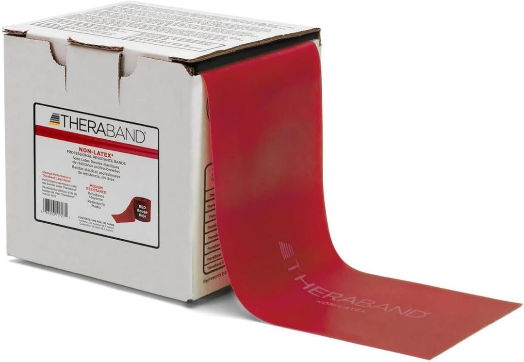 THERABAND Resistance Band 25 Yard Roll, Non-Latex Professional Elastic Stretch Bands for Upper & Lower Body Exercise Workouts, Physical Therapy, Lower Pilates, Flexibility, & Rehab, Dispenser Box (Red - Medium)