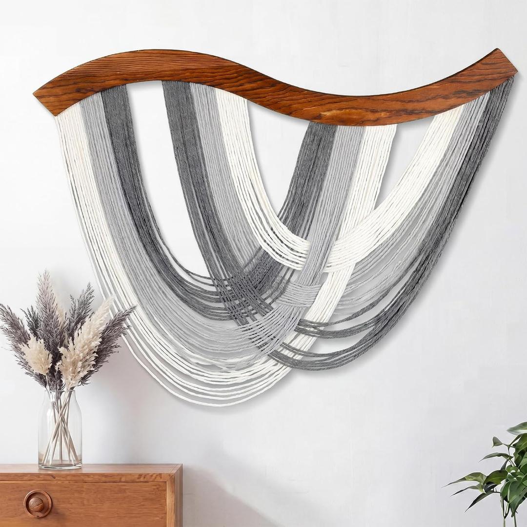 Neutral Grey Macrame Wall Hanging Dip Dyed Yarn Wall Art, Modern Boho Decor, 32.3"L x 5.1"W