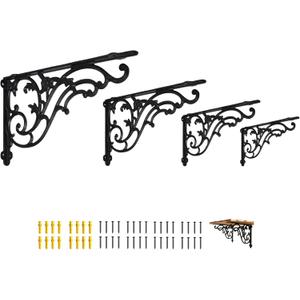 16 Inches Shelf Brackets 4 Pack Cast Iron Black Corbels 16'' * 9.5'' Decorative Shelf Supply Mouting Screws Included