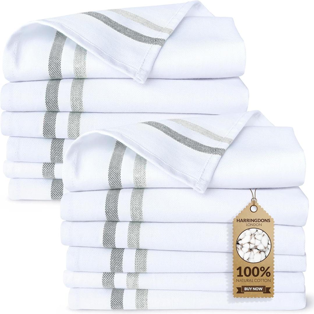 Harringdons 100% Cotton Kitchen Towels, Highly Absorbent Dish Towels for Kitchen with Hanging Loop, Large 28x20 Washable Towels, Gray Shades, 12 Pack (Grey)
