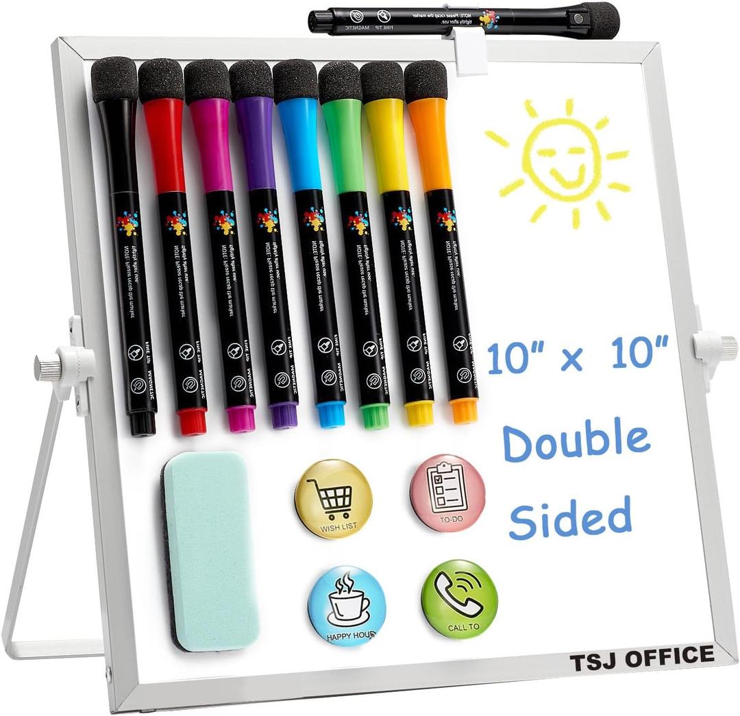 Small Magnetic Dry-Erase White Board  10 x 10 Inches Mini Easel Whiteboard 360 Degrees Revolving Double Sided Stand for Office, Home, School (Silver)