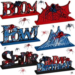 6 Pcs Spider Bithday Party Decoraions Spider Wooden Table Decorations Red and Blue Pattem Design Happy Birthday Table Centerpiece Sign for Boy Cartoon Party Supplies