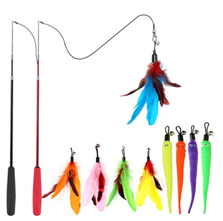 MeoHui Cat Toys for Indoor Cats, Interactive Cat Toy 2PCS Retractable Wand Toy and 9PCS Cat Feather Toys Refills, Funny Kitten Toys Cat Fishing Pole Toy for Bored Indoor Cats Chase and Exercise