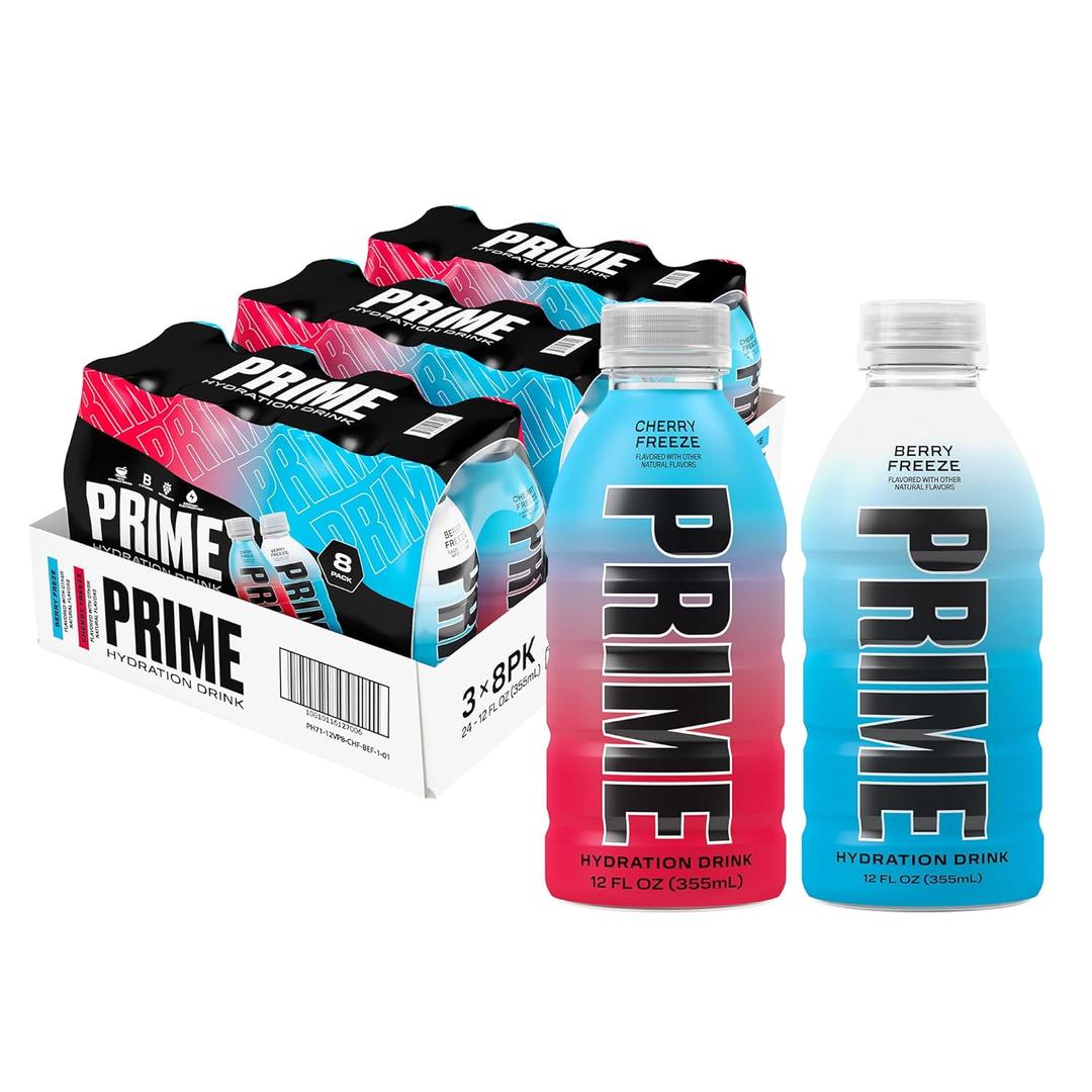 PRIME HYDRATION Duo - Blue Freeze & Cherry Freeze, Sports Drinks, Electrolyte Enhanced for Ultimate Hydration, 250mg BCAAs, B Vitamins, Antioxidants, Low Sugar, 12 Fl Oz (Pack of 24), BB 06/2026