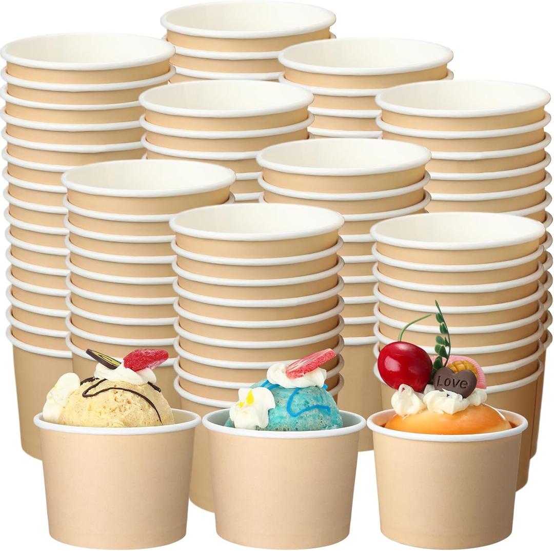 Honeydak 200 Pack Beige Kraft Ice Cream Cups Bulk 5 oz Small Disposable Treat Paper Cups Dessert Yogurt Bowls Snacks Sundae Yogurt Container for Summer Ice Cream Wedding Birthday Party Supplies