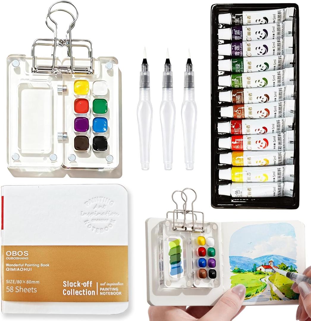 Mini Watercolor Paint Set Portable, Travel Grid Paint Palette Box with Binder Clips Include 12 Colours, Brush*3 and Picture Album Art Materials Coloring Markers for Travel, Creative Drawing Kit for Beginners and Art Enthusiasts (White Acrylic 12 Colors)