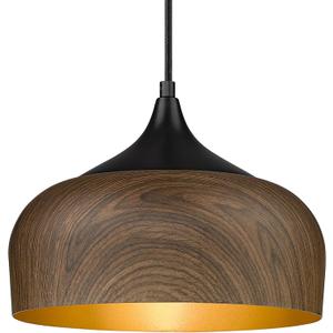 ELYONA Modern Pendant Light Walnut Wooden Pattern Dome Pendant Light Fixture Matte Black Metal Gold Inner Finish Adjustable Hanging Lighting for Kitchen Island Dining Room Office Hallway Foyer Bedroom, Medium