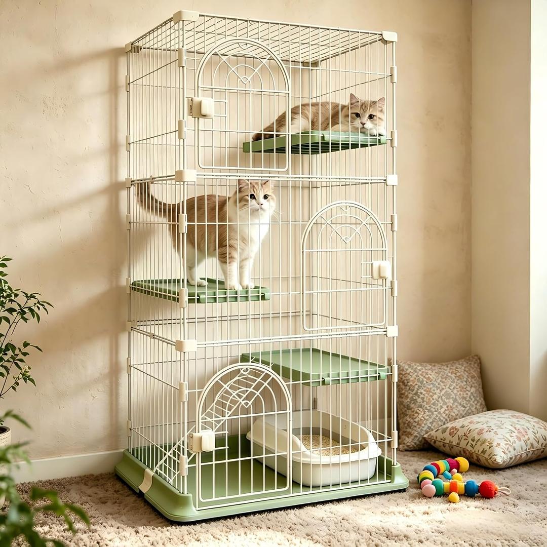 Cat Cage DIY Catio Cat Enclosure with Widen Bottom Buckle & Reinforced Top Corner Clips Indoor & Outdoor Cat Playpen (Green, 3-Tier 52.5")