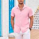 COOFANDY Men's Casual Button Down Shirts Short Sleeve Textured Summer Beach Shirt with Pocket (Pink, XXXL)