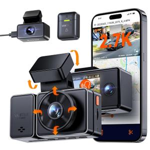 Vantrue E3 3 Channel 2.7K WiFi Dash Cam with GPS, Voice Control, STARVIS, IR Night Vision, 24 Hour Buffered Parking Mode, 3 Way 1944P+1080P+1080P Front and Rear Inside Dash Camera, Support 512GB Max