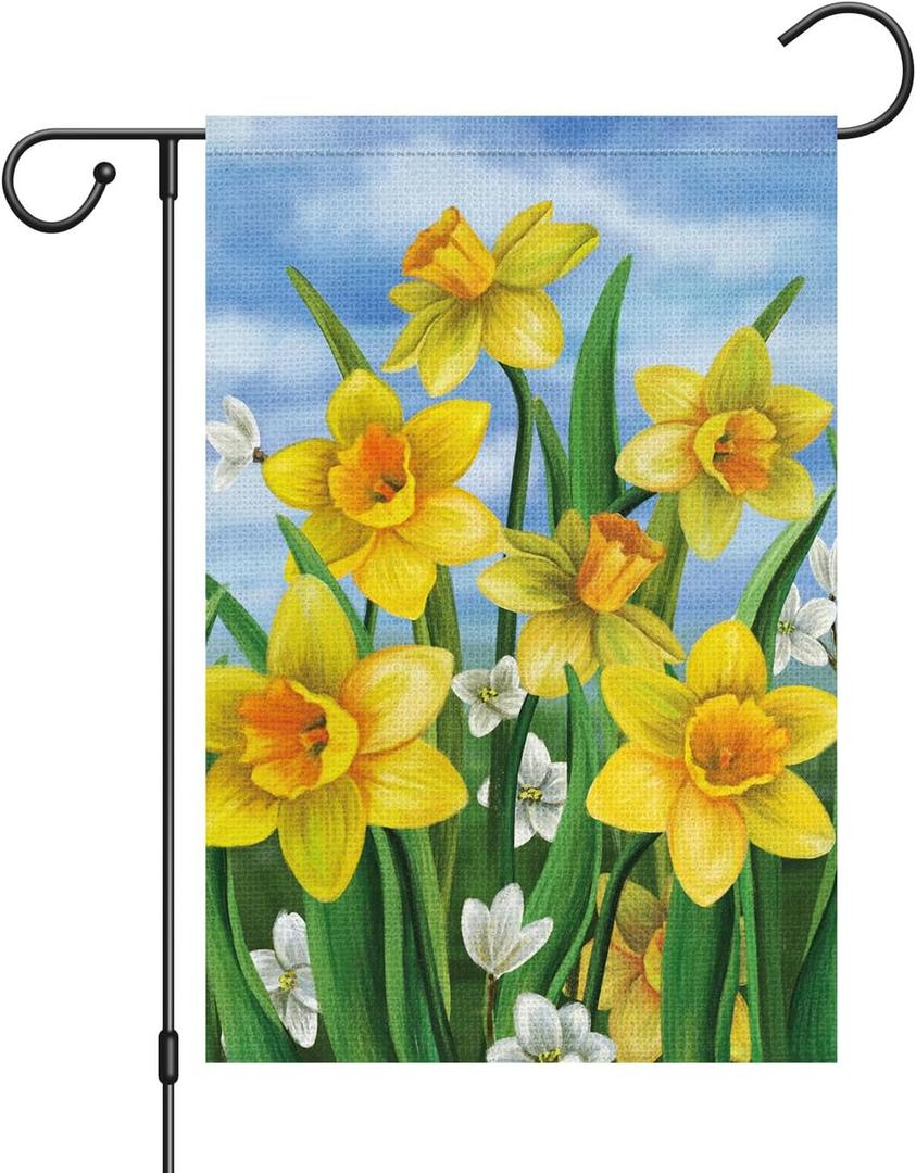 Louise Maelys Welcome Spring Summer Garden Flag 12x18 Double Sided Vertical, Burlap Small Daffodil Floral Flower Yard House Outside Outdoor House Decoration