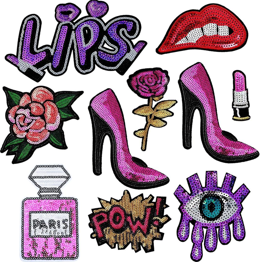 Chuangdi 10 Pieces Purple Sequin Iron on Patches DIY Embroidered Patches Lips Lipstick High Heel Pow Sew on Applique Glitter Patch Clothing Repair Patch for Woman Garment Bag Caps Decor