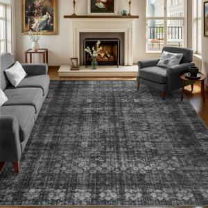 8x10 Vintage Washable Area Rug for Living Room,Low Pile Non Slip Carpet Non-Shedding Large Area Rug Soft Indoor Stain Resistant Rug Floral Print Mat for Bedroom Dining Room Dark Black