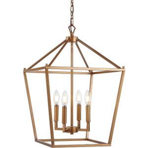 JONATHAN Y 16" Antique Gold Lantern Pendant Light, 4-Light Pagoda Style Metal Cage Farmhouse Hanging Ceiling Fixture for Kitchen Island, LED Bulb Included (JYL7437B)